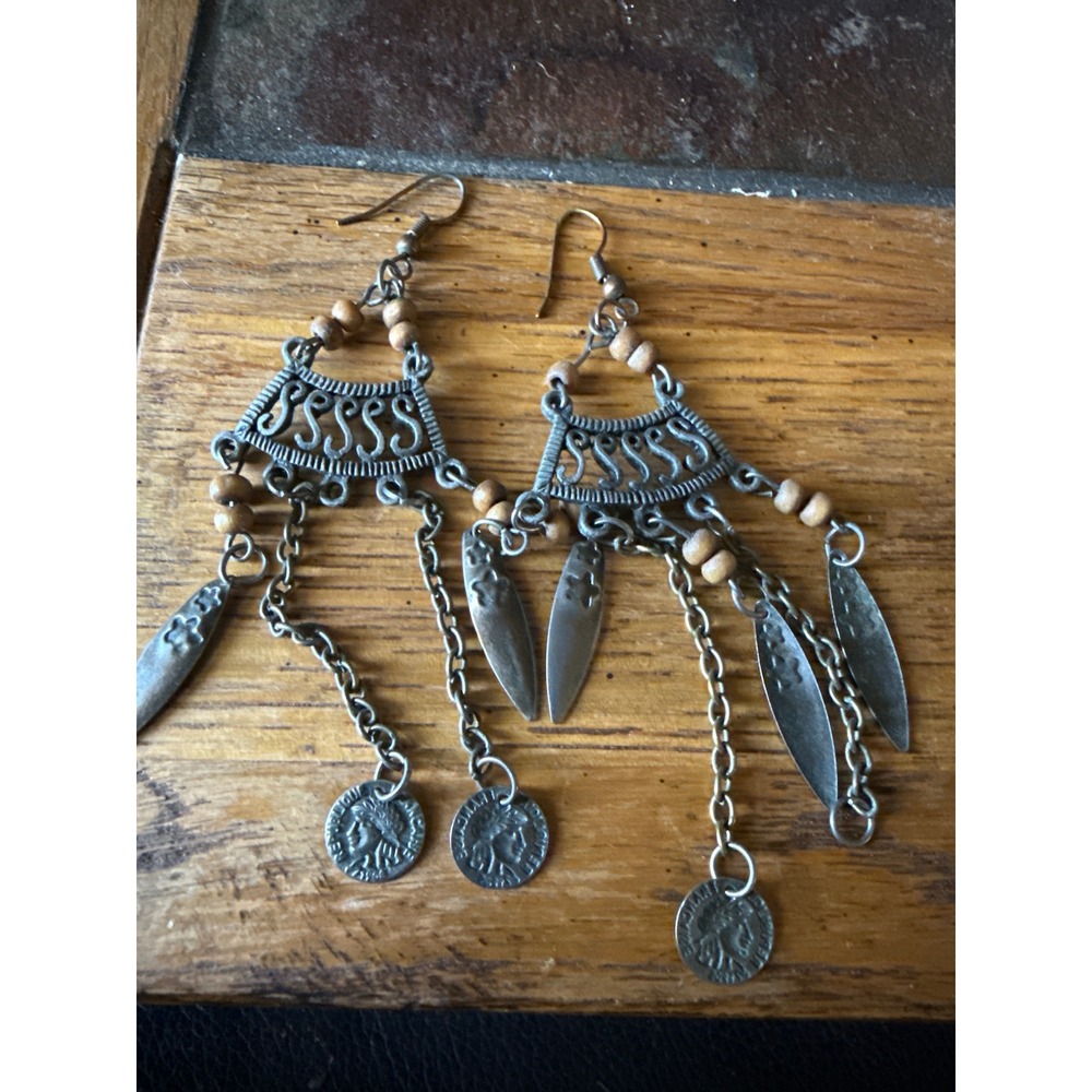 Boho Silver Tone Chandelier Earrings Wood Bead Coin Leaf Dangle Statement
